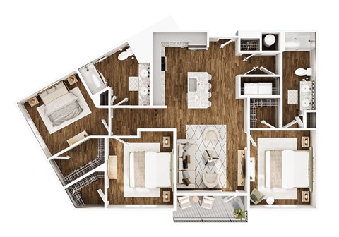 Floor plan for 3 beds, 2 baths, 1317 sqft